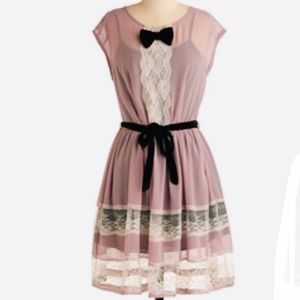 ModCloth mauve lace midi velvet detail dress
